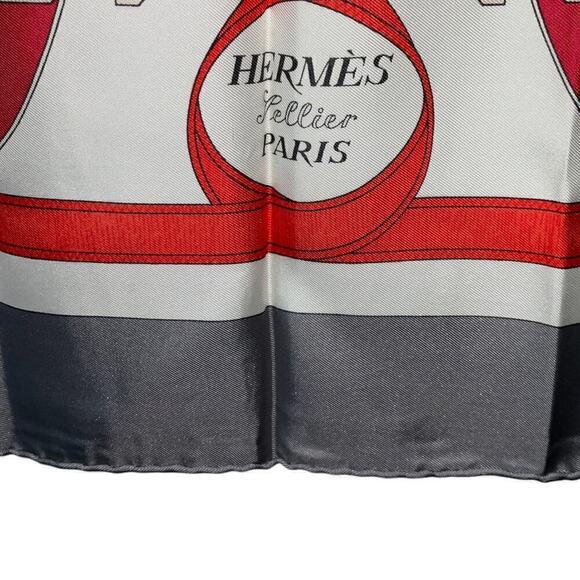 HERMES Carre "Eperon d’or" Silk Gray White Red 100% Silk Scarf 90cm Square - Picture 13 of 16